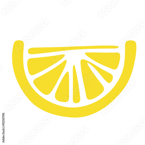 A yellow lemon slice with wedges and a white background