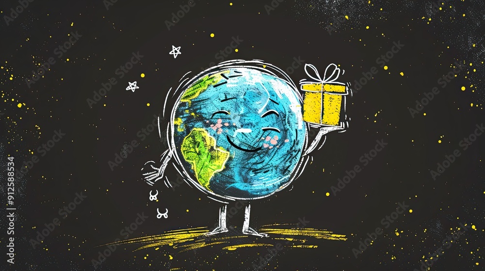 Fototapeta premium scribble of a cute earth with a face handing out a package in a park, black background 