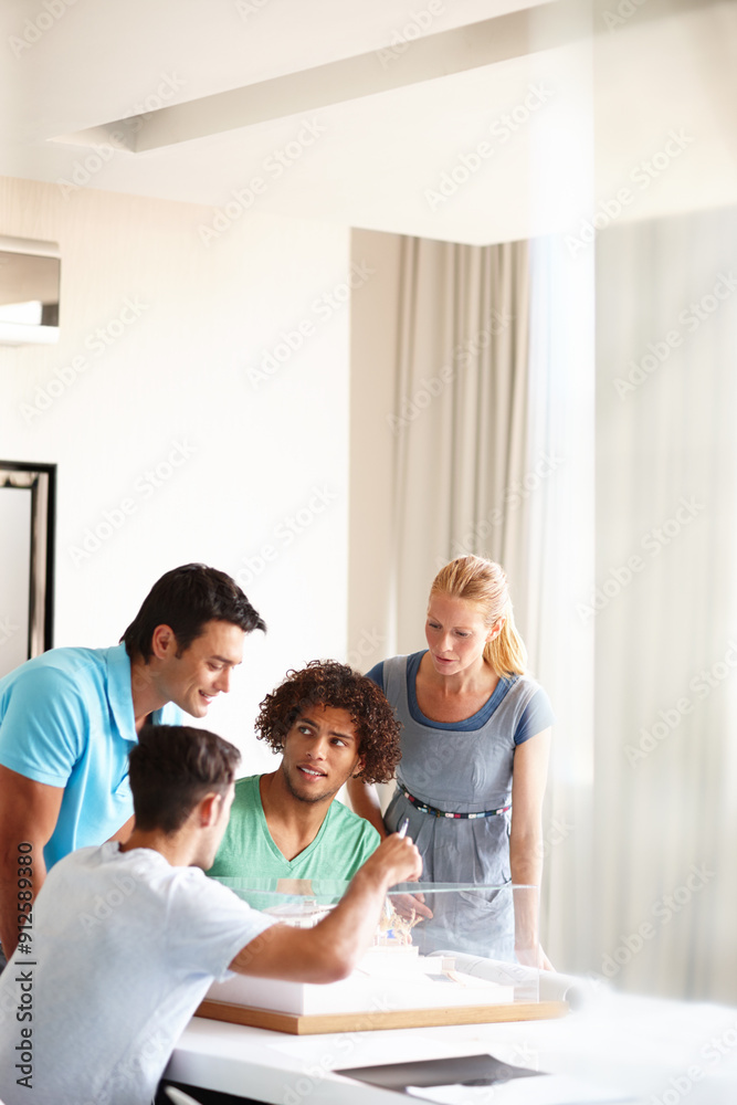 Fototapeta premium Architecture, 3d model and business people in discussion in office with design, floorplan and building. Creative agency, meeting and men and women with prototype for planning, research and project