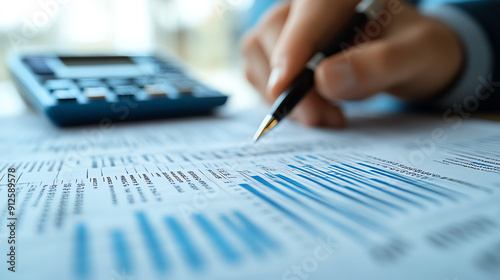 Close-up of a hand holding a pen over financial documents with a calculator in the background, representing data analysis and precision.