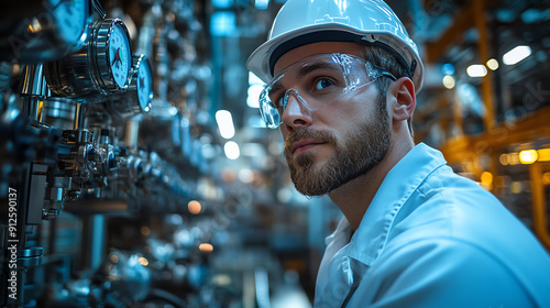 Focused engineer in a protective uniform examines technical equipment in an industrial setting, ensuring safety and efficiency.