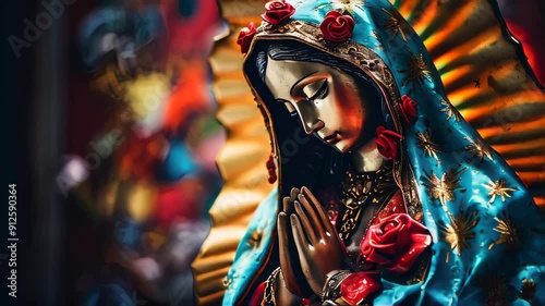 Statue of Saint Mary of Guadalupe (Virgen de Guadalupe) in honor of the celebration of the Mexican holiday of December 12