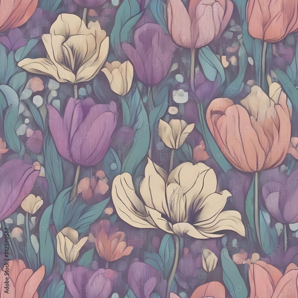 Whimsical Garden: A playful pattern with cartoon-style flowers, such as tulips and violets, set against a dreamy pastel background. Whimsical Garden: A playful pattern with cartoon-style flowers, such as tulips and violets, set against a dreamy pastel background.