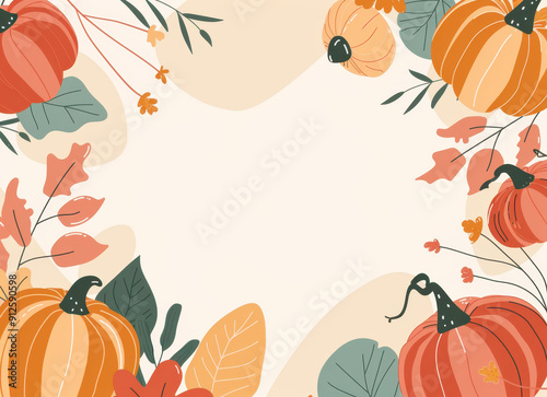 Autumn background vector design with pumpkins and fall leaves frame on beige color