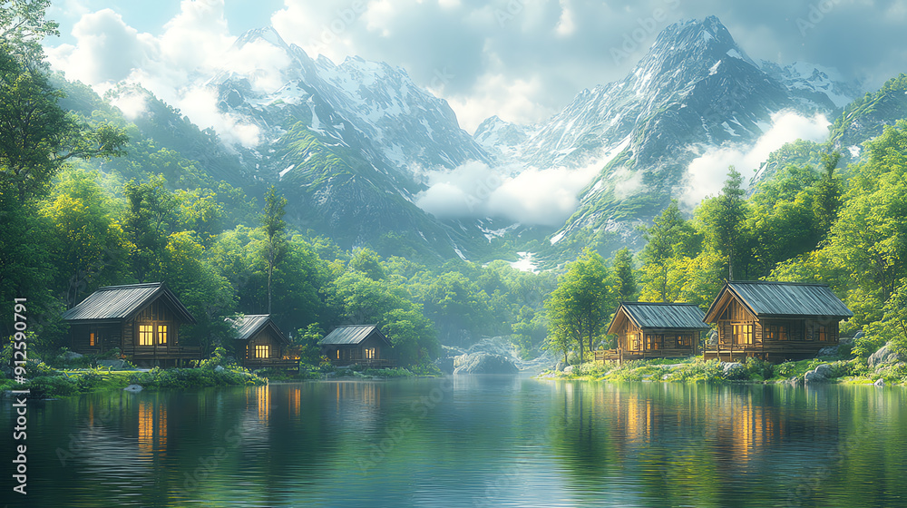 Fototapeta premium Serene landscape featuring a tranquil lake, charming cabins, lush greenery, and majestic mountains under a clear sky.