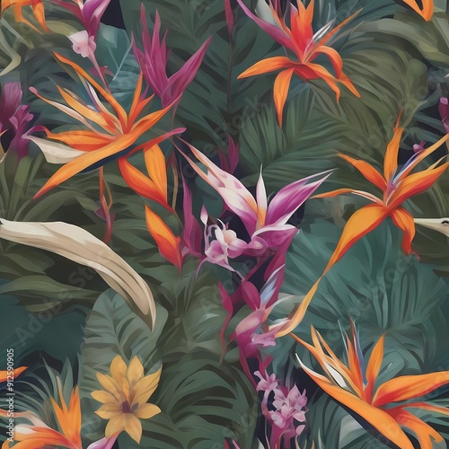 Botanical Jungle: A bold pattern featuring tropical flowers like bird of paradise and orchids, surrounded by large, leafy palm elements. photo