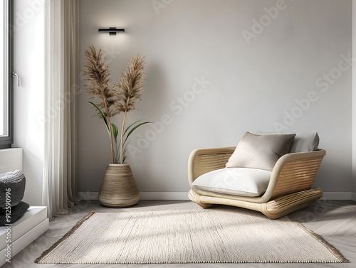 Aesthetic elegant minimalist japandi interior design. Clear mock up empty wall for decoration. Copy space. Neutral palette of natural colors. photo