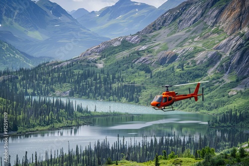 Fototapeta Naklejka Na Ścianę i Meble -  Orange helicopter is flying over a pristine mountain lake and lush pine forest on a sunny day