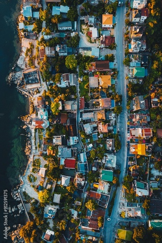 Wallpaper Mural Bird's-eye view of a coastal city at twilight, with the last light of the day casting a golden hue over the colorful houses and streets.  Torontodigital.ca