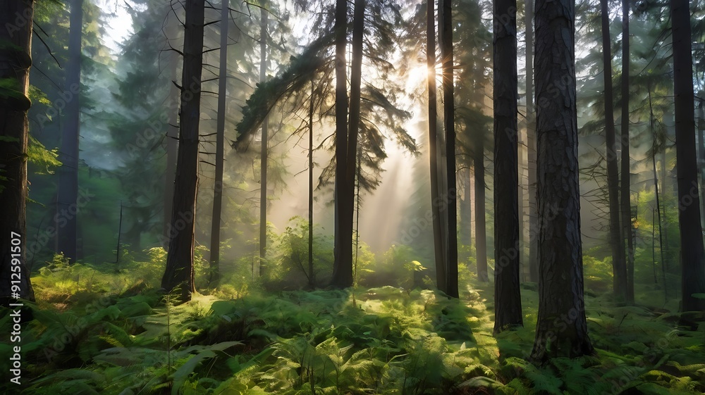Serene forest landscape misty morning light and t Serene forest landscape misty morning light and t