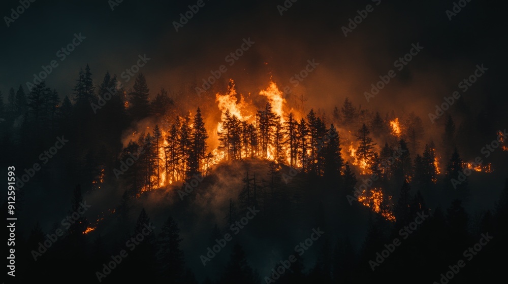 Forest Fire at Night with Trees Ablaze in a Fiery Inferno Forest Fire at Night with Trees Ablaze in a Fiery Inferno