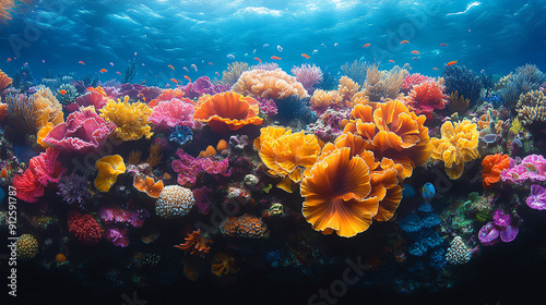 Vibrant underwater scene showcasing colorful coral reefs and diverse marine life in crystal-clear waters. photo