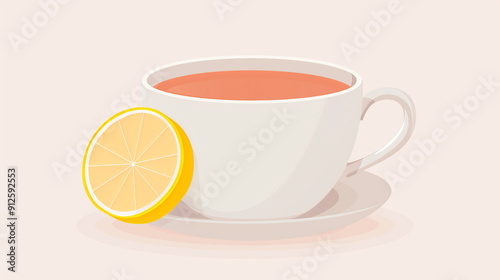 Minimalist Illustration of a White Cup of Tea with a Lemon Slice on a Saucer on Light Background for Modern Cafes, Menus, and Health Blogs