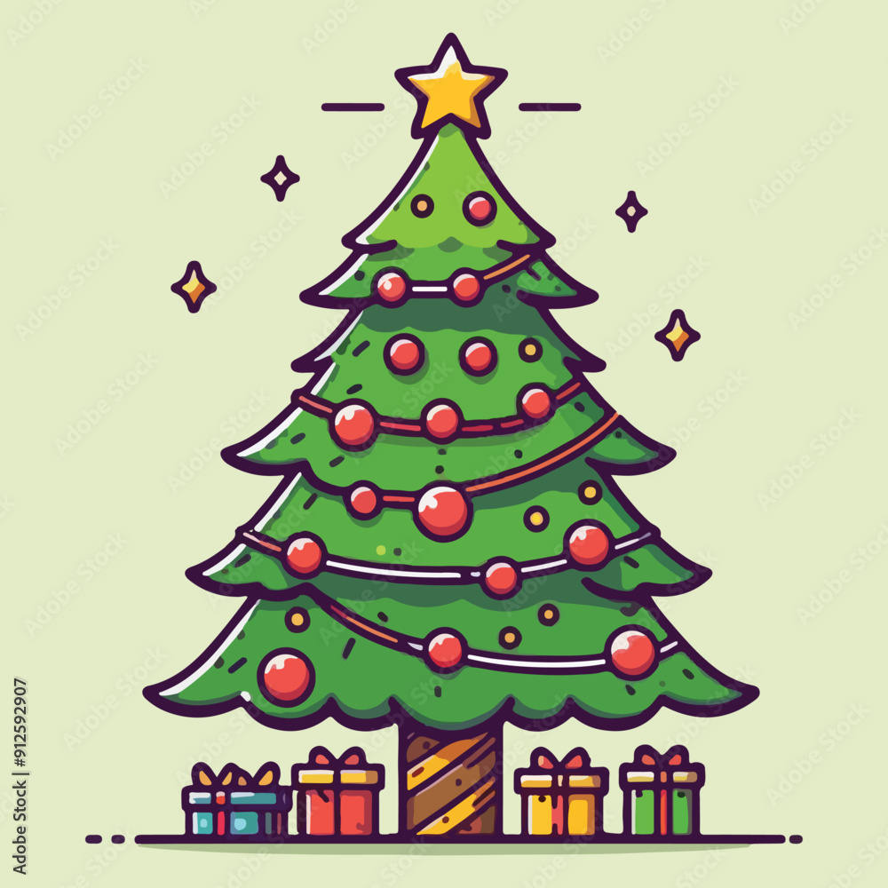 Christmas sparkling bright tree with star. Merry Christmas and Happy New Year. Design of objects, light, ball, Gift box, surprise gifts, gold confetti. Vector illustration