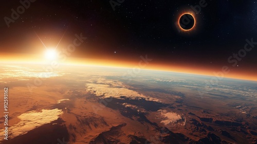 A panoramic view of the Earth from space showing a total solar eclipse with the moon blocking out the sun. photo