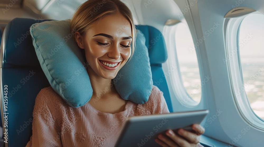 A beautiful woman enjoying her airplane journey, smiling as she watches a movie on her tablet, with a travel pillow around her neck A beautiful woman enjoying her airplane journey, smiling as she watches a movie on her tablet, with a travel pillow around her neck