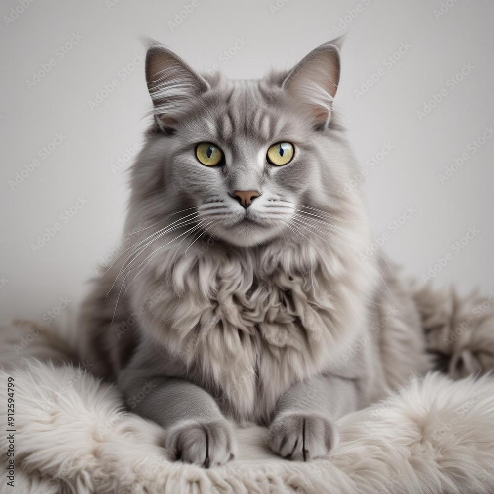 An Highly Detailed Shot Of A Regal Nebelung Cat Resting On A Plush Cushion Against A White The