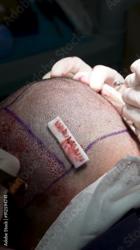 4k Video of Hair Transplant Surgery with Two Surgeons Extracting Hair from One Area of the Head to Graft in Another