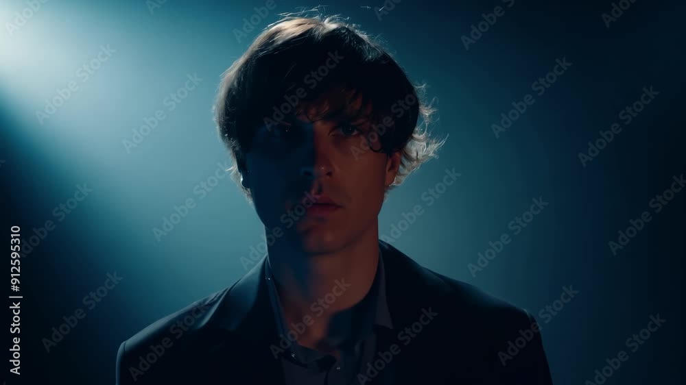 A man with a serious expression in a dark studio environment. A man with a serious expression in a dark studio environment.