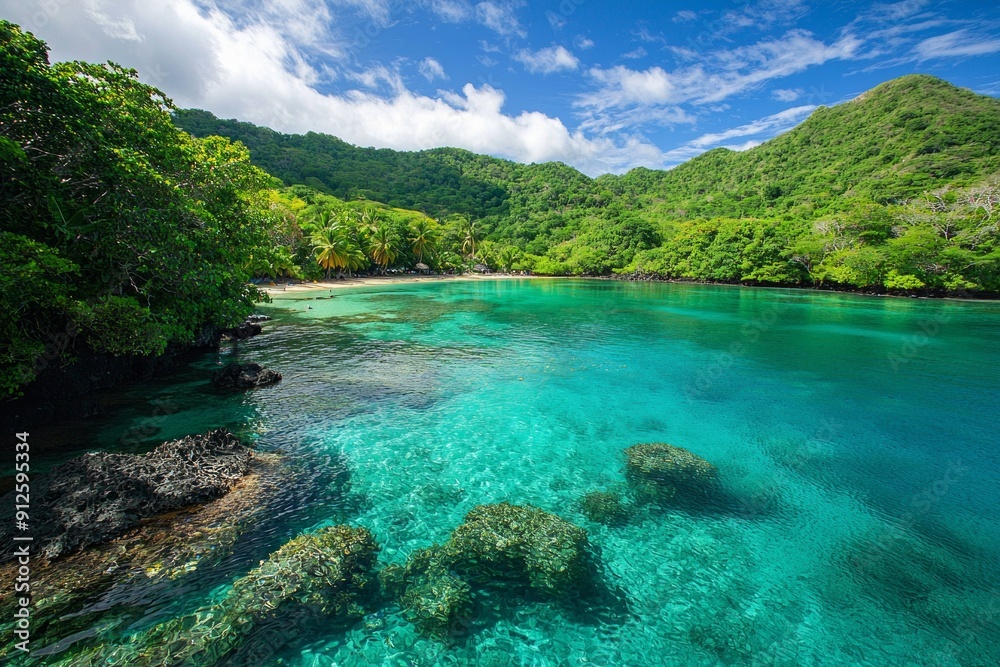 High-angle shot of a serene lagoon with emerald waters, surrounded by lush tropical foliage and reef visible through the clear water. High-angle shot of a serene lagoon with emerald waters, surrounded by lush tropical foliage and reef visible through the clear water.