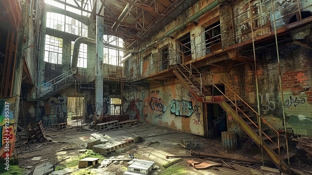 The ghostly silence of abandoned factories contrasts sharply with their once vibrant interiors. The ghostly silence of abandoned factories contrasts sharply with their once vibrant interiors.