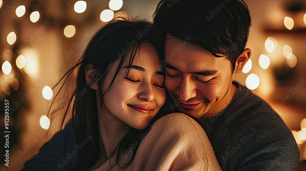 A cozy moment of an Asian couple relaxing together, the woman resting her head on the man's chest, both smiling peacefully A cozy moment of an Asian couple relaxing together, the woman resting her head on the man's chest, both smiling peacefully