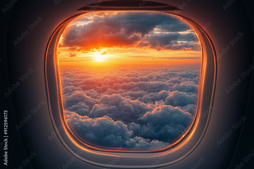 View of a stunning sunset through an airplane window, with clouds below. The scene captures the beauty and serenity of air travel View of a stunning sunset through an airplane window, with clouds below. The scene captures the beauty and serenity of air travel