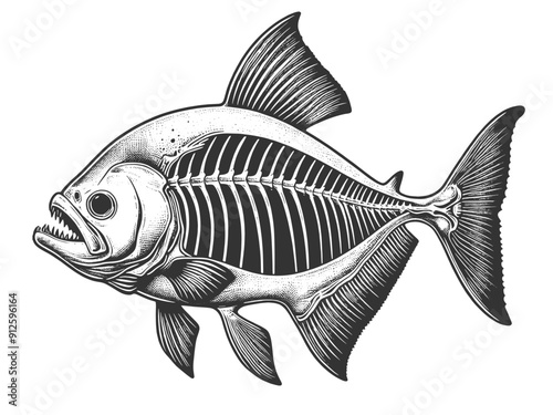 fish skeleton, showcasing intricate bone structure and sharp teeth sketch engraving generative ai vector illustration. Scratch board imitation. Black and white image.