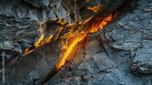 A burst of golden light emerging from a crack in a mountain cave