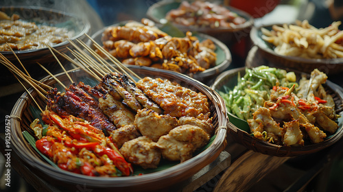 Top view of Indonesian food on wooden table in restaurant.