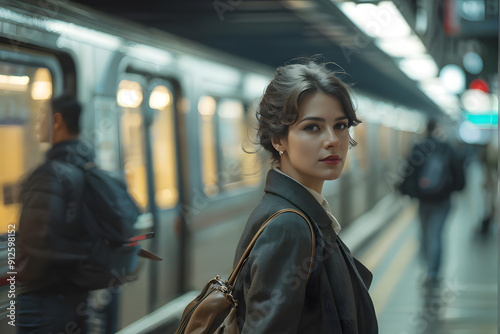 A woman stands on a subway platform with her hand on her hip