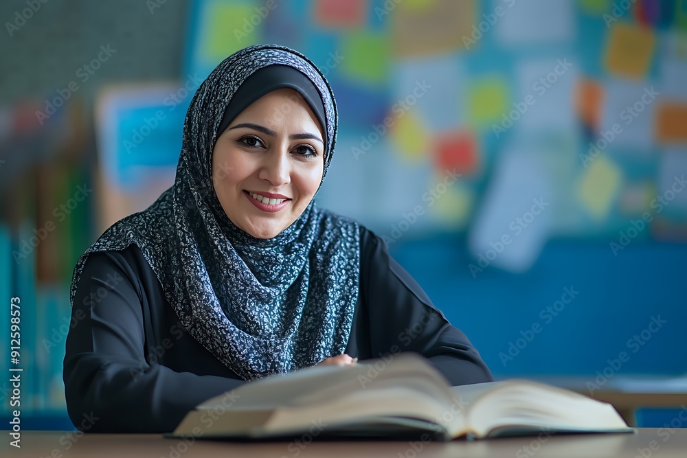 Smiling Hijab-Wearing Female Teacher in Classroom Setting