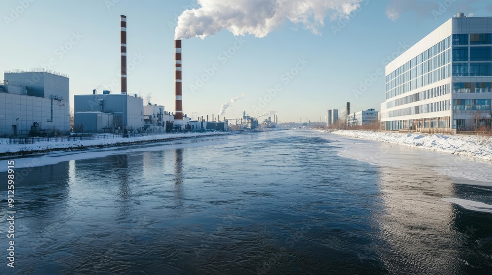 A river flowing through an industrial city, with pollution visible on the water's surface A river flowing through an industrial city, with pollution visible on the water's surface