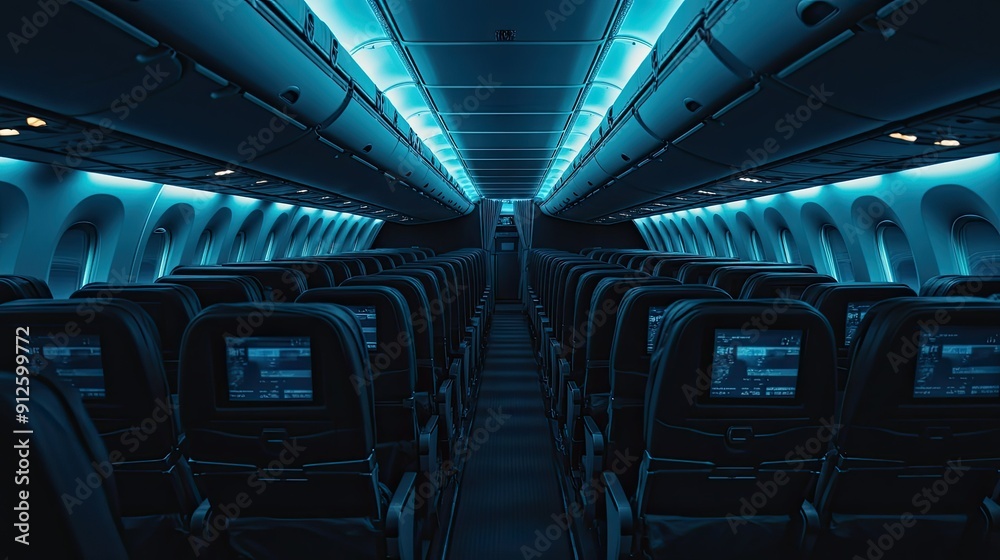 Obraz premium An empty airplane cabin with dimmed cabin lights, featuring rows of seats with personal entertainment screens turned off