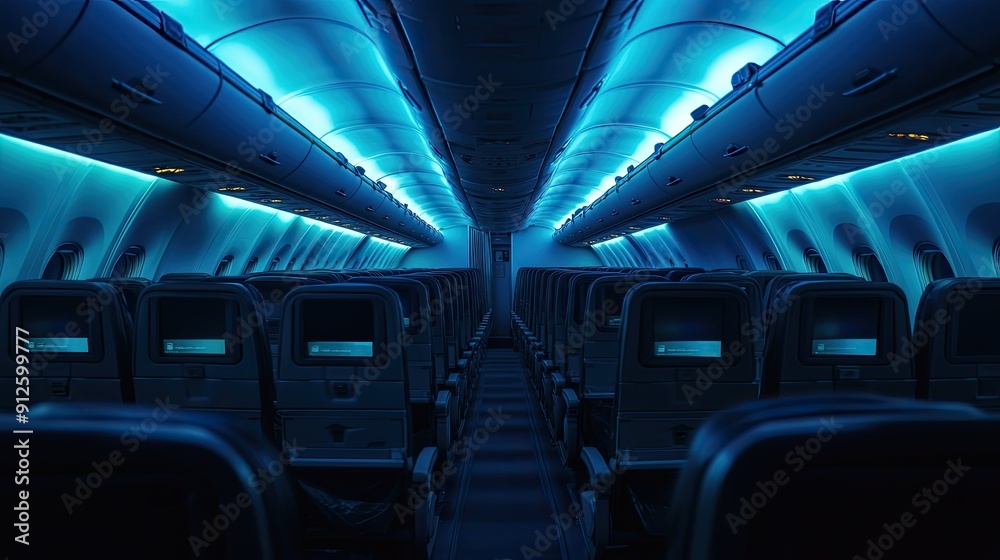 Fototapeta premium An empty airplane cabin with dimmed cabin lights, featuring rows of seats with personal entertainment screens turned off