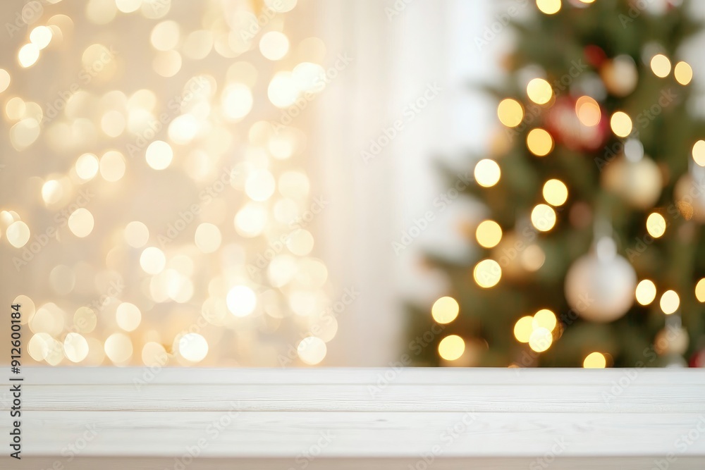 White empty table top in front, blurred christmas tree background. Xmas celebration banner with empty space. White holiday backdrop with golden bokeh lights. Happy New Year scene, ai White empty table top in front, blurred christmas tree background. Xmas celebration banner with empty space. White holiday backdrop with golden bokeh lights. Happy New Year scene, ai