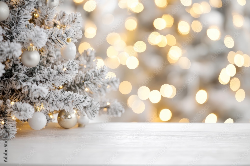 White empty table top in front, blurred christmas tree background. Xmas celebration banner with empty space. White holiday backdrop with golden bokeh lights. Happy New Year scene, ai White empty table top in front, blurred christmas tree background. Xmas celebration banner with empty space. White holiday backdrop with golden bokeh lights. Happy New Year scene, ai
