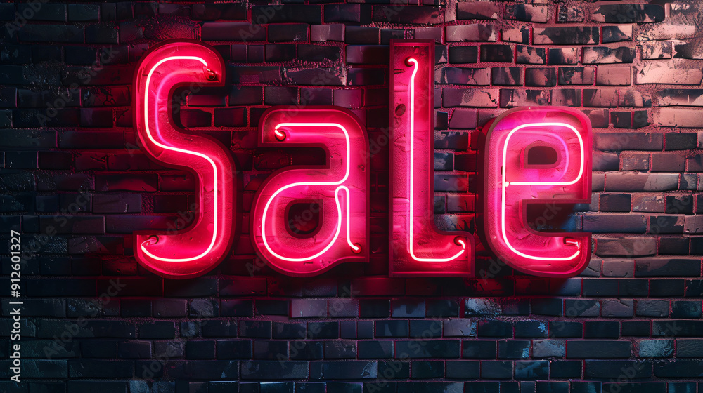 Vibrant pink neon sign with the word sale illuminates an aged brick wall Vibrant pink neon sign with the word sale illuminates an aged brick wall
