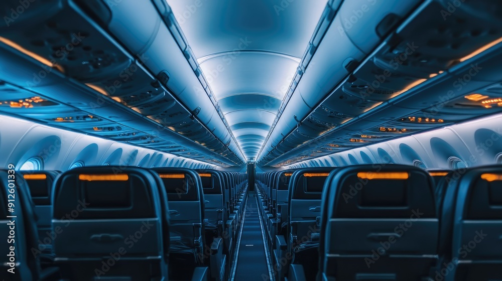 Obraz premium Empty airplane seats with individual overhead air vents and reading lights