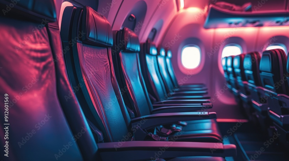 Empty window and aisle seats in an airplane cabin, with a view of the interior decor and ambient lighting