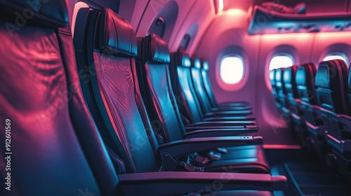 Obraz na płótnie Empty window and aisle seats in an airplane cabin, with a view of the interior decor and ambient lighting w salonie