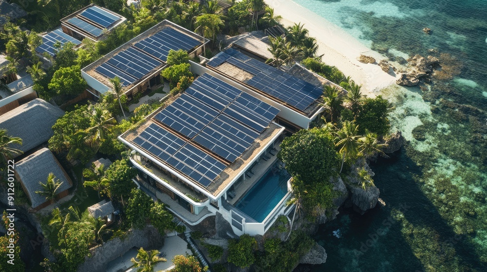 Hotel rooftop with solar panels, utilizing sunlight for sustainable energy in an island setting. Hotel rooftop with solar panels, utilizing sunlight for sustainable energy in an island setting.