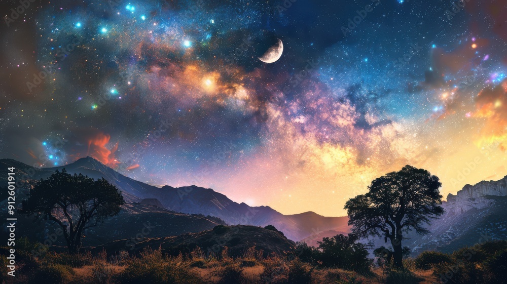 Naklejka premium Night sky photo featuring multiple planets and vibrant colors, evoking cosmic mystery