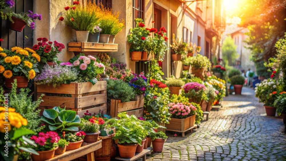 Fototapeta premium Vibrant bouquets and lush greenery spill out of wooden crates and vintage planters lining a charming, sun-drenched alleyway of a quaint flower shop.