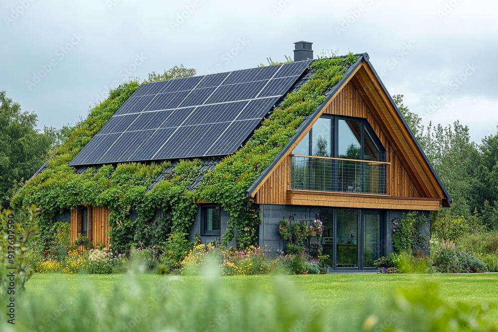 Eco-Friendly Home, A contemporary home seamlessly blending into nature, featuring a solar panel roof and a vibrant green roof garden. Eco-Friendly Home, A contemporary home seamlessly blending into nature, featuring a solar panel roof and a vibrant green roof garden.