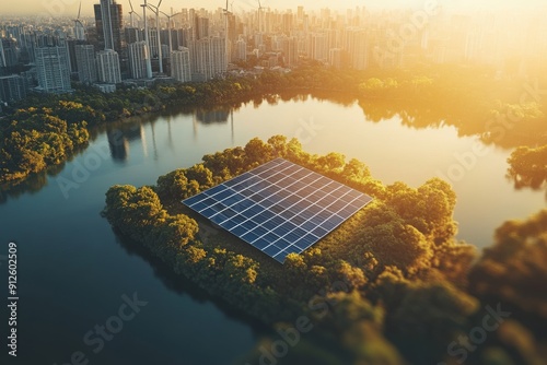 Cityscape with Solar Panels, An aerial view of a modern city with a sustainable solar panel farm on a lake, surrounded by lush greenery