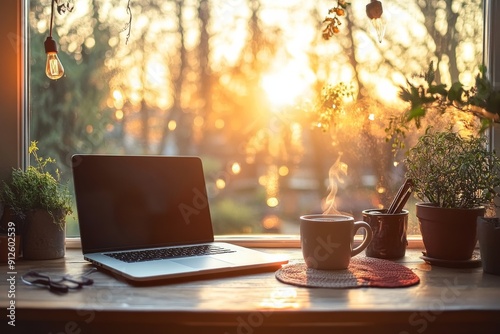 Home Office, A cozy home office with a laptop, plants, and a cup of coffee the perfect workspace for remote work
