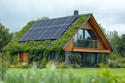 Eco-Friendly Home, A contemporary home seamlessly blending into nature, featuring a solar panel roof and a vibrant green roof garden.