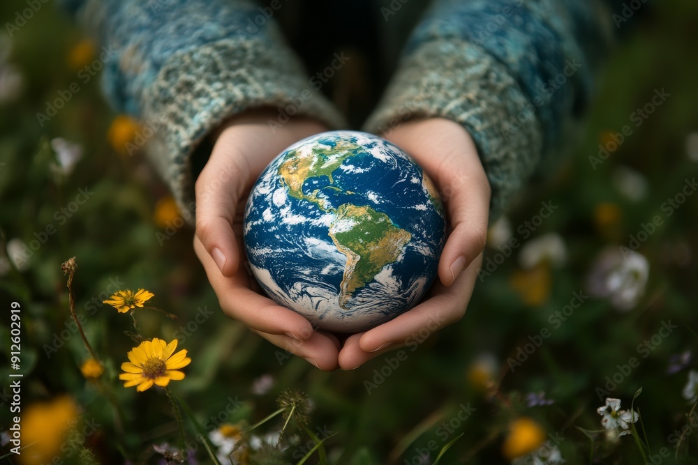 Hands Cradling Earth Globe in a Field of Wildflowers - Environmental Conservation Concept, A symbolic image of two hands gently holding a small Earth globe Hands Cradling Earth Globe in a Field of Wildflowers - Environmental Conservation Concept, A symbolic image of two hands gently holding a small Earth globe