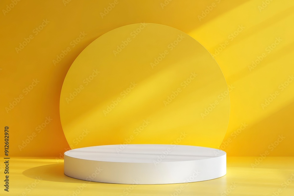 White podium shelf or empty pedestal display on vivid yellow summer background with minimal style. Blank stand for showing product. 3D rendering, ai White podium shelf or empty pedestal display on vivid yellow summer background with minimal style. Blank stand for showing product. 3D rendering, ai